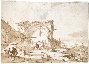 A Capriccio with a Ruined Gothic Arch, 1770/89, Francesco Guardi, Italian, 1712-1793, Italy, Pen
