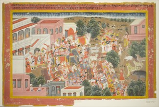 Four Princes in Procession Visit a Sage, page from a copy of the Ramayana, 1820/40, India,