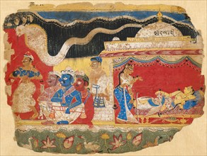 The Infant Krishna Spirited Away by Vasudev, page from the Dispersed Bhagavatapurana manuscript, c.
