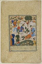 Iskander Comforts the Dying Darius, 1590, Iran, Shiraz, Fars, Iran, Gouache on paper, Page: 30 x 19