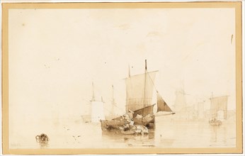 Boats in a Harbor, c. 1824, Richard Parkes Bonington, English, 1802-1828, England, Brush and brown