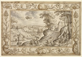 Landscape with the Sacrifice of Isaac within a Decorative Border of Plants and Animals, 1584, Hans
