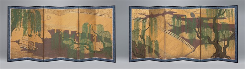 Willow Bridge and Waterwheel, c. 1650, Hasegawa Soya, Japanese, 1590-1667, Japan, Pair of six-panel