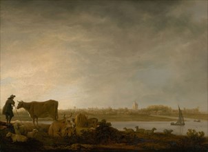 A View of Vianen with a Herdsman and Cattle by a River, c. 1643/45, Aelbert Cuyp, Dutch, 1621–1691,