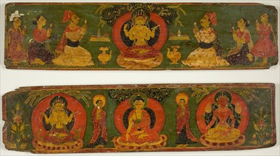 Pair of Manuscript Covers Depicting Buddha Flanked by Monks and  Deities, c. 17th century, Nepal,