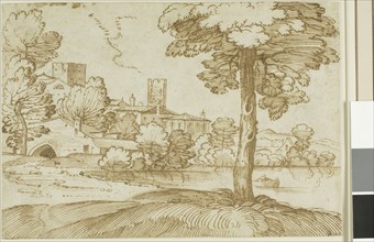 Landscape with a Large Tree on the Right and a Distant View of a Town on the Left, n.d., Giovanni