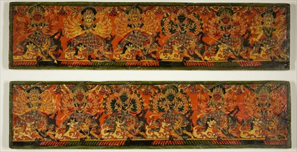 Pair of Manuscript Covers with Twelve Durgas on Snow Lions Slaying the Buffalo Demon