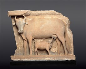 Cow Suckling a Calf, About 9th century, India, Madhya or Uttar Pradesh, India, Sandstone, 55.3 × 73