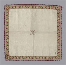 Handkerchief, 1676, Italy, Linen, plain weave, cut and drawn work, embroidered silk and