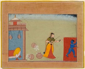 Yashoda Chastises Her Foster Son, the Youthful Krishna, page from a manuscript of the Bhagavata