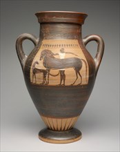 Amphora (Storage Jar), about 530/520 BC, Attributed to the Ivy Leaf Group, Etruscan, Etruria,