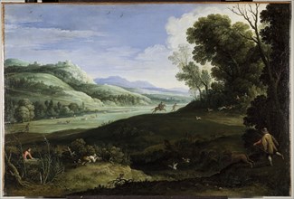 Landscape with Hunters, 1619, Paul Bril, Flemish, 1553/54–1626, Flanders, Oil on canvas, 23 5/8 ×