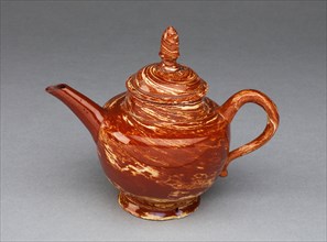 Teapot, c. 1755, Staffordshire, England, Staffordshire, Lead-glazed earthenware (agateware), 10.2 x