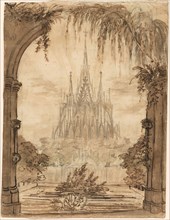 Gothic Cathedral Behind a Pond with Swans, 1810/15, Karl Friedrich Schinkel, German, 1781-1841,
