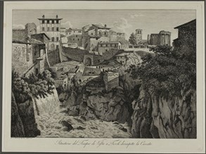 Scene of the Temple of Vesta at Tivoli Facing the Cascades, 1795, Albert Christoph Dies, Austrian,