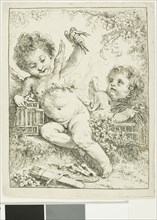 Two Putti with a Bird, n.d., François Boucher, French, 1703-1770, France, Etching on cream laid