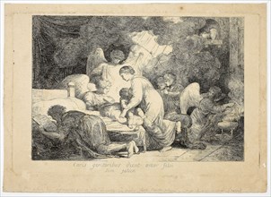 The Holy Family Served by Angels, 1773, Simon Julien, French, 1735-1800, France, Etching on cream