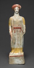 Statuette of a Woman, about 450 BC, Greek, Boeotia, terracotta, polychromy, 27.6 × 8.3 × 6.4 cm (10