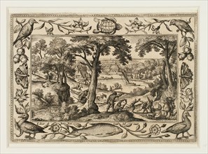 Boar Hunt, from Landscapes with Old and New Testament Scenes and Hunting Scenes, 1584, Adriaen