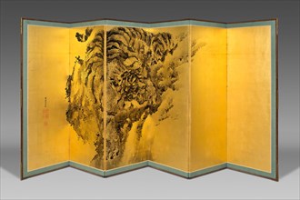 Dragon and Tiger, dated 1835, Kishi Ganku, Japanese, 1749-1838, Japan, Pair of six panel screens,