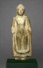 Standing Buddha, Dvaravati period, 8th century, Thailand, Thailand, Sandstone, 67.3 × 23.7 × 11.0