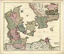Map, Dania regnum in quo sunt ducatus Holsatia et Slesvicum insulae Danicae et provinciae Iutia,