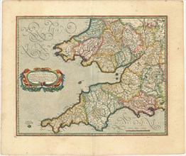 Map, Cornvbia, Devonia, Somersetvs, Dorcestria, Wiltonia, Glocestria, Monvmetha, Clamorga,