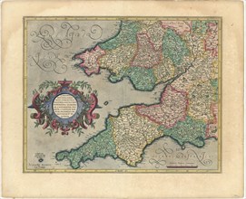 Map, Cornvbia, Devonia, Somersetvs, Dorcestria, Wiltonia, Glocestria, Monvmetha, Clamorga,