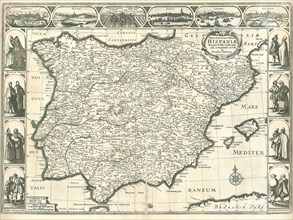 Map, Nova et accurata tabula Hispaniae praecipuis urbibus vestitu insignibus, et antiquitatibus
