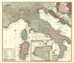 Map, Italia iam tota, principes in suas partes accurata distincta;, Copperplate print