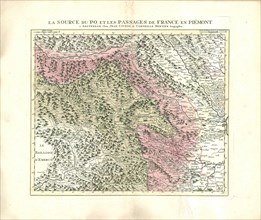 Map, La source du Po, et les passages de France en Piémont, Copperplate print