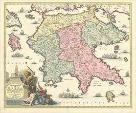 Map, Peloponnesus hodie Morea, Nicolaes Jansz. Visscher (1649-1702), Copperplate print