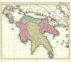 Map, Regnum Moreae accuratissime divisum in provincias Saccaniam, Tzaconiam, Caliscopium et ducatum