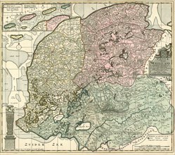Map, Frisiae Dominium vernacule Friesland verdeeld in de Hoofd-deelen van Oostergoo, Westergoo en