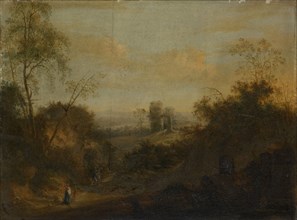 Landscape with Ruins and Staffage, Oil on Oak, 38 x 50.5 cm, Unmarked, Französischer Meister, 18.