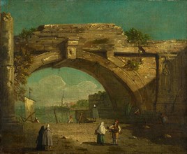 Capriccio with arch of ruins and mooring, oil on canvas, 34.6 x 42.3 cm, unmarked, Giovanni Antonio