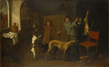 Interior with hunters and dogs, 1671, oil on canvas, 69 x 108.5 cm, monogrammed and dated lower