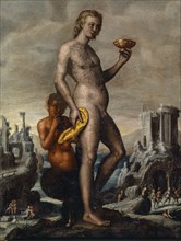 Bacchus with a drinking bowl, accompanied by a satyr, oil on canvas, 61.5 x 48 cm, unmarked, Martin