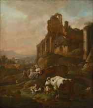 Shepherdess and flock at ancient ruins, 1667, oil on canvas, 75 x 65 cm, signed and dated on the