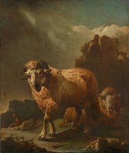 Two sheep, oil on canvas, 96 x 80 cm, unmarked, Philipp Peter Roos (gen. Rosa da Tivoli), St. Goar