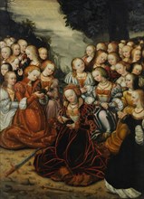 The hl., Ursula with her virgins, oil on canvas, 108 x 78 cm, unmarked, Lucas Cranach d. J.,