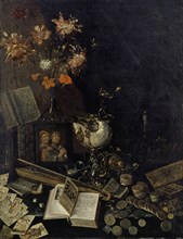 Vanitas Still Life, 1697, oil on canvas, 104.5 x 81 cm, Signed and dated on the lid of the cash box
