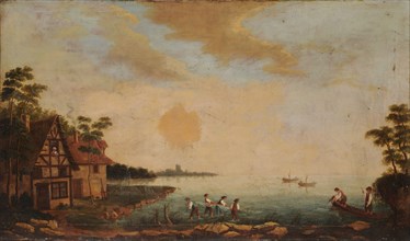 Landscape with fishermen at a bay, oil on canvas, 65 x 112.5 cm, unsigned, Basler Meister, 18. Jh.