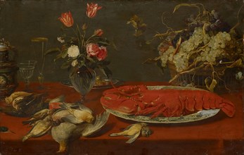 Still life with lobster and dead birds, oil on panel, transferred to canvas, 67 x 105 cm, not
