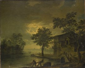 River landscape with fishermen by moonlight, oil on canvas, 58 x 71 cm, not indicated, Jean