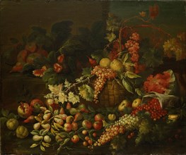 Still Life with Fruit Basket and Fruits in front of a Wall, Oil on Canvas, 94.5 x 114.5 cm, Not