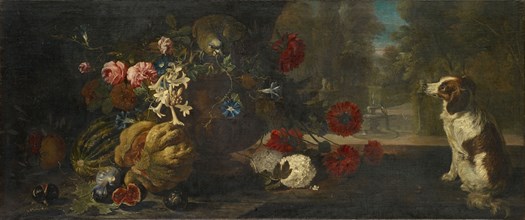 Still Life with Fruits and Flowers, Parrot and Dog, Oil on Canvas, 62 x 148 cm, Not Specified,