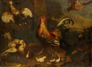 Excitement in the poultry farm, oil on canvas, 95 x 129 cm, signed in light brown lower right: M.