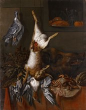 Hunting Still Life with Rabbit, 1684, oil on canvas, 142 x 112 cm, inscribed and dated right on the