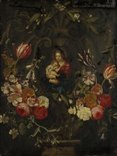 Still Life with Flower Cartridge to a Madonna and Child, oil on canvas, 76 x 57.5 cm, unsigned,